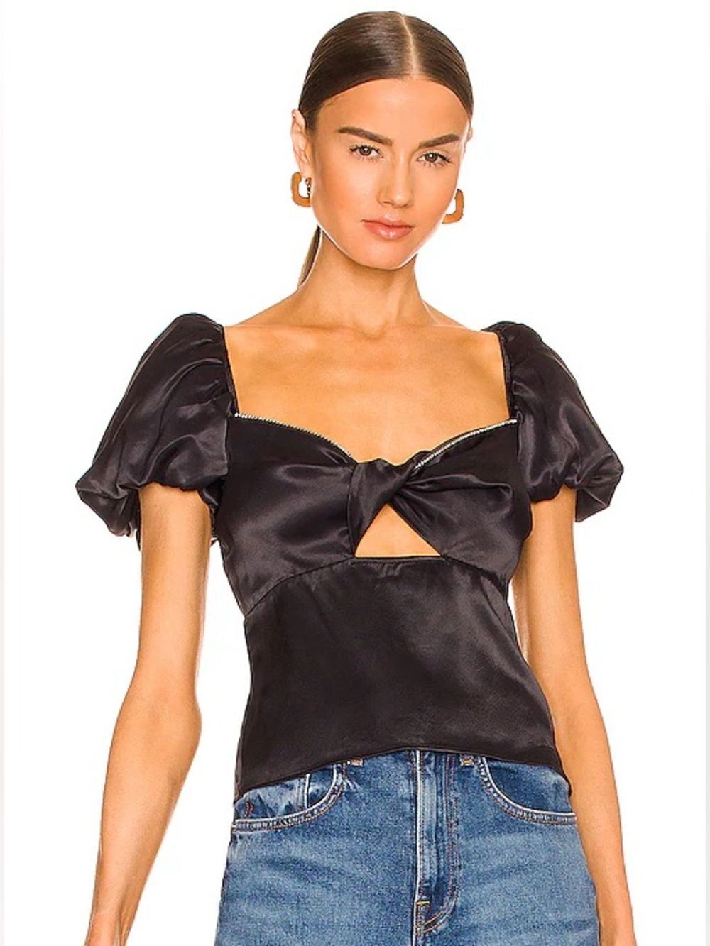 LPA Black Satin Puff Sleeve Tie-Front Top